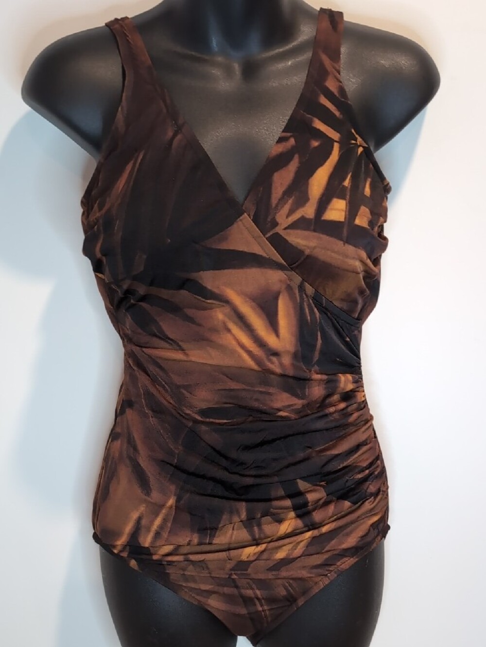 Trimshaper Brown Tropical Ruched Bathing Suit Size 12
